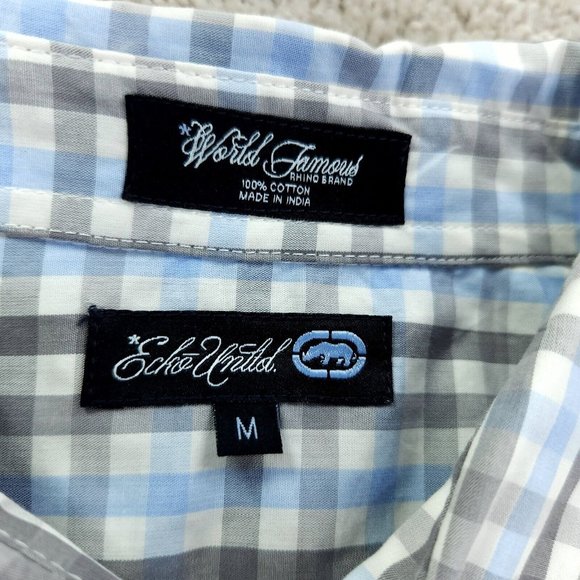 Ecko Unltd Shirt Men's Medium Blue Checkered Button Front Short Sleeve Casual - Picture 4 of 10